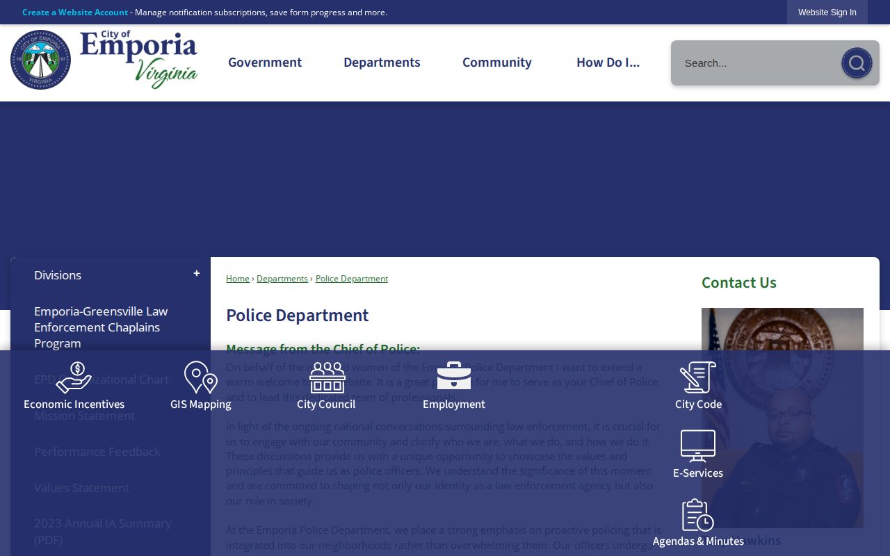 Emporia Police Department official contact page for arrest record routing