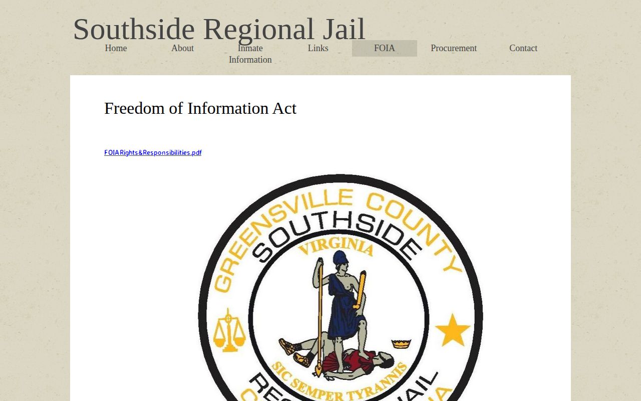 Southside Regional Jail Greensville County FOIA booking-record route