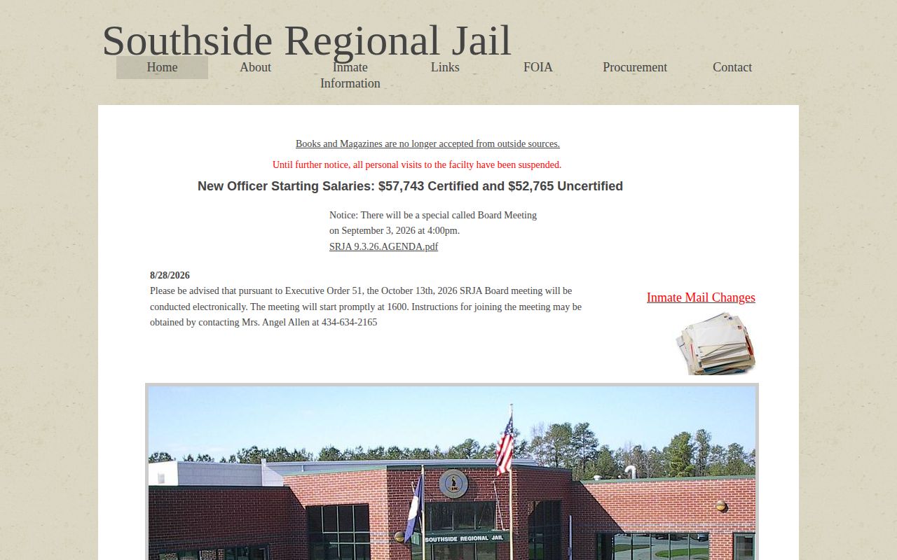 Southside Regional Jail official Greensville County local custody page