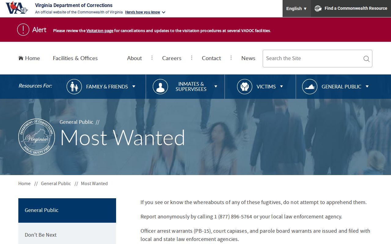 Virginia Department of Corrections statewide wanted fugitives page for Greensville County warrant context